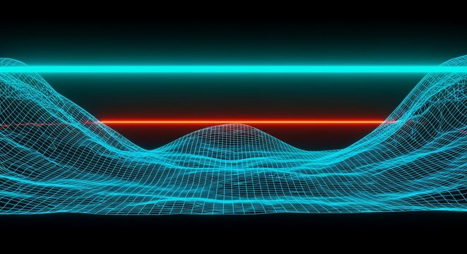 Abstract Wireframe Landscape with Glowing Cyan and Red Lines on Black Background