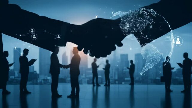 Global Business Partnership - Silhouetted businesspeople shake hands in front of a cityscape, overlaid with a digital globe illustrating global networking and interconnectedness. - Powered by Adobe