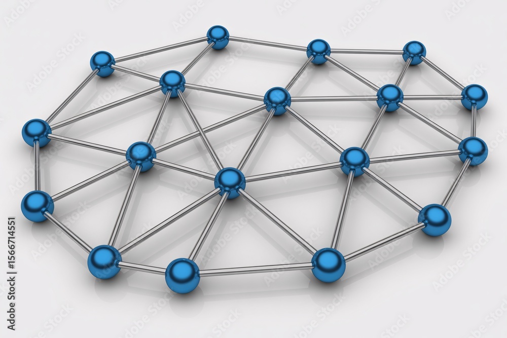 Poster a network of blue spheres connected by silver lines creating a complex interconnected web structure
