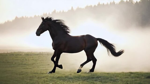 Majestic black horse runs freely through misty meadow under forest canopy
