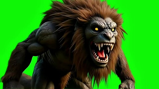 Mane Monster Long Fangs Look Around Green Screen Side 3D Rendering Animation, Generative AI
