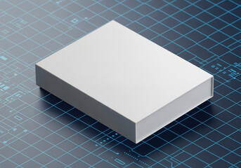 Blank White Box Mockup: Sleek Product Packaging on a Futuristic Circuit Board Grid Background, Ideal for Tech and Software Branding.