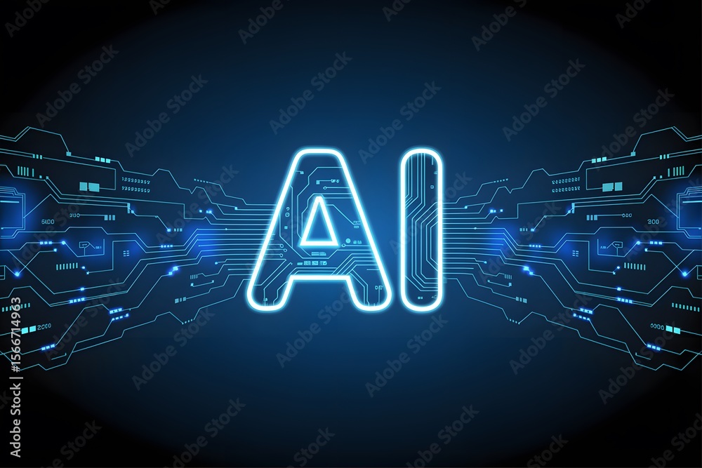 Fototapete illuminated ai text with circuit board pattern on a dark blue background representing technology