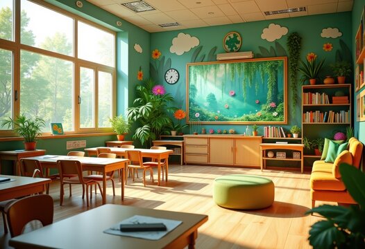 vibrant colorful classroom nature theme learning materials engaging environment educational space creative design, decor, posters, artwork, tables, chairs