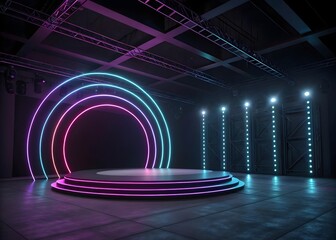 Futuristic neon stage with circular arch and vertical light towers