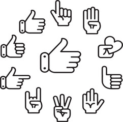 Fototapeta premium Various hand gestures and signals depicted in a simple line art style