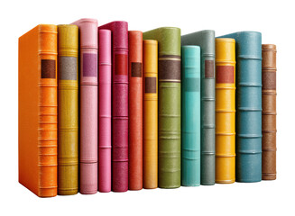 Colorful vintage book collection displayed on a shelf in a cozy library