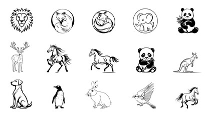 Naklejka premium Animal Vector Icon Set – Line Icons of Wild, Farm, Sea, and Pet Animals Including Mammals, Birds, Fish, Insects, and Reptiles in a Modern Minimalist Style