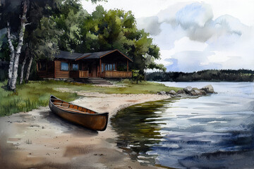 Obraz premium A house with a canoe on the beach next to a lake