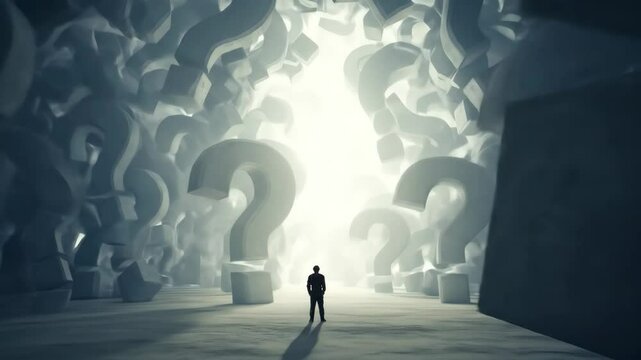 Man Facing Uncertain Future Amidst Giant Question Marks - A lone figure stands in a vast, surreal landscape filled with enormous question marks, symbolizing uncertainty and the weight of many