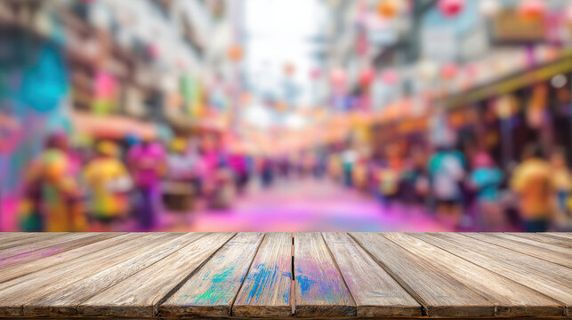Wooden Table with Blurred Festival of Colors Street Background with Splashes of Color