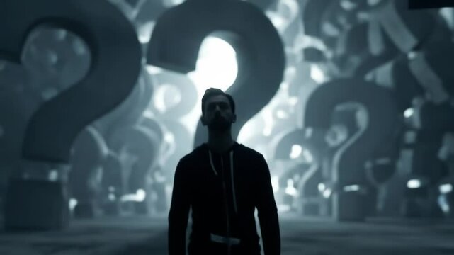 Man Contemplating Amidst Question Marks - A man with a beard stands silhouetted against a background of blurred question marks, creating a mood of uncertainty and contemplation.
