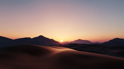 A beautiful sunset over a desert landscape with mountains in the background