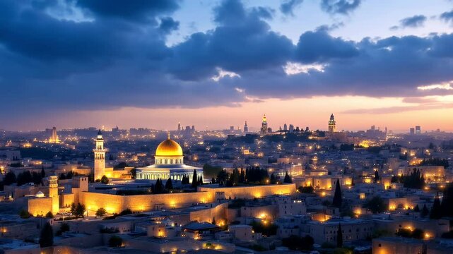 Jerusalem Skyline: Golden Dome Twilight Panoramic Timelapse 4K