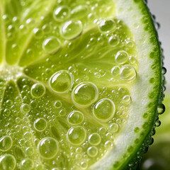 Extreme close up macro shot of a juicy lime slice covered in water droplets
