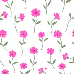 Seamless vector floral pattern with pink flowers and delicate green stems over soft white background for feminine design, fabric and digital decor.