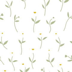 Seamless floral pattern with white florals and green stems on dark blue background for fashion, wrapping, surface design, fabric and digital printing.