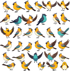 A collection of thirty two cartoon birds in various positions