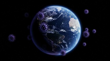 Global Pandemic: Virus Threat to Earth - A 3D video depicts Earth from space, surrounded by numerous virus particles, illustrating the global impact of a pandemic.