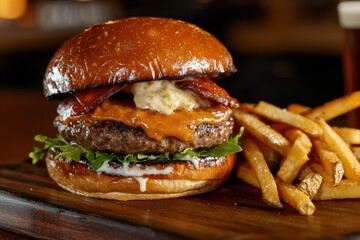 A large hamburger with bacon and cheese on top sits on a wooden cutting board