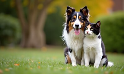 Alert Collie and Calico Cat Posing Together in Natural Setting