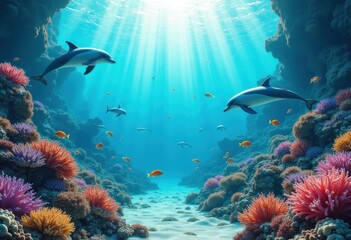 vibrant underwater coral reef restoration project beauty biodiversity marine life colorful dolphin fish seashells conservation ecosystem intertidal zone, algae, seaweed