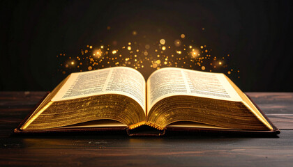 Open vintage book with yellowed pages and gold edges glowing with magical golden light particles on dark background, creating mystical and enchanting atmosphere