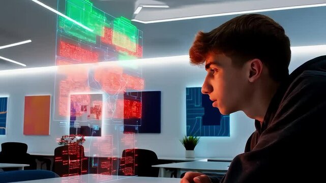 Young boy interacting with holographic virtual code display, futuristic technology visualization, digital data streaming in cyber environment.

