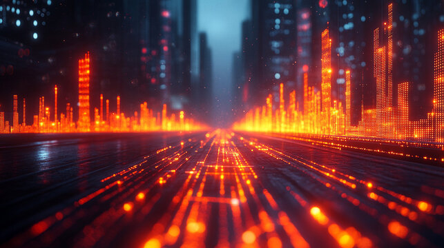Glowing Data Stream on Road in Futuristic City at Night
