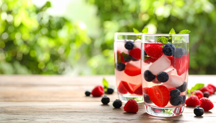 Refreshing berry infused water with fresh strawberry, blueberry, and raspberry in clear glass with ice and mint leaves on wooden table, bright natural background