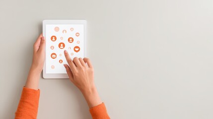 Close-up of human hands interacting with digital tablet – floating social media icons internet, glowing interface elements, holographic world map, modern global communication, online connection