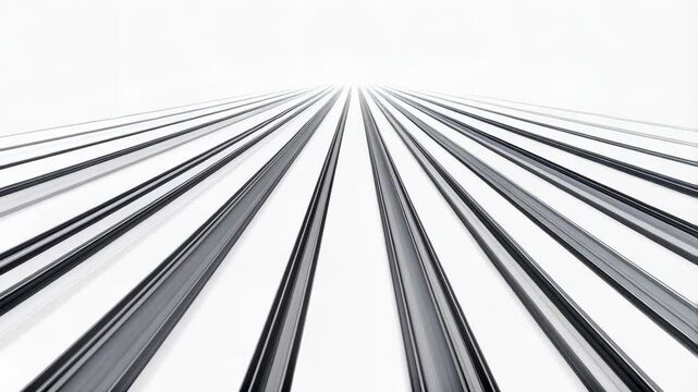 Angular perspective of a modern skyscraper facade with parallel architectural metal lines and white panels converging into the sky