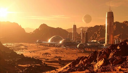 A futuristic city on a reddish alien planet under a sunset