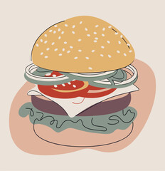 Hamburger: Hamburger vector art illustration. hamburger vector icon. Delicious vector art depicting a classic hamburger with layers of meat, cheese, fresh vegetables. vector illustration fast food.