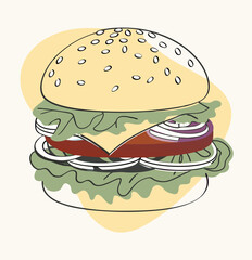 Hamburger: Hamburger vector art illustration. hamburger vector icon. Delicious vector art depicting a classic hamburger with layers of meat, cheese, fresh vegetables. vector illustration fast food.