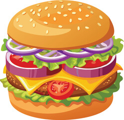 Hamburger: Hamburger vector art illustration. hamburger vector icon. Delicious vector art depicting a classic hamburger with layers of meat, cheese, fresh vegetables. vector illustration fast food.