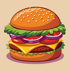 Hamburger: Hamburger vector art illustration. hamburger vector icon. Delicious vector art depicting a classic hamburger with layers of meat, cheese, fresh vegetables. vector illustration fast food.