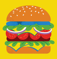 Hamburger: Hamburger vector art illustration. hamburger vector icon. Delicious vector art depicting a classic hamburger with layers of meat, cheese, fresh vegetables. vector illustration fast food.