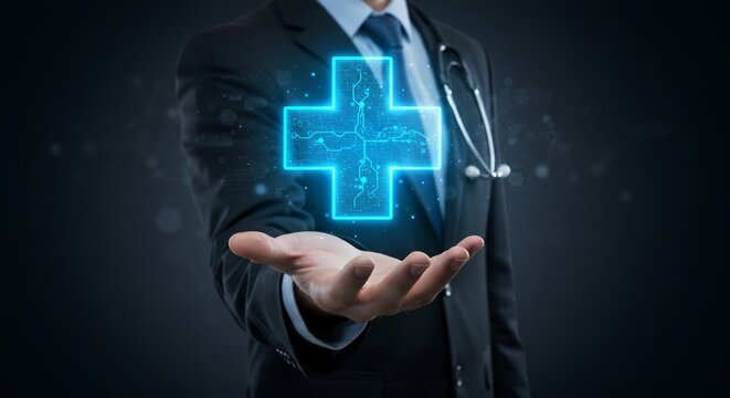 Doctor's Hand Holding Glowing Circuit Board Cross Symbolizing Healthcare Technology