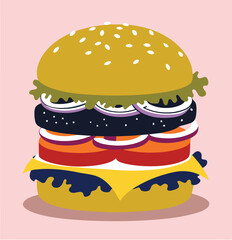 Hamburger: Hamburger vector art illustration. hamburger vector icon. Delicious vector art depicting a classic hamburger with layers of meat, cheese, fresh vegetables. vector illustration fast food.
