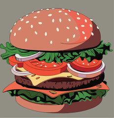 Hamburger: Hamburger vector art illustration. hamburger vector icon. Delicious vector art depicting a classic hamburger with layers of meat, cheese, fresh vegetables. vector illustration fast food.
