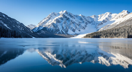 Majestic snow-capped mountains perfectly reflected in a calm, clear lake. A serene winter landscape with a clear blue sky, evoking peace, nature, and adventure.
