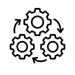 Line icon of end-to-end solution with interconnected gears and circular arrows