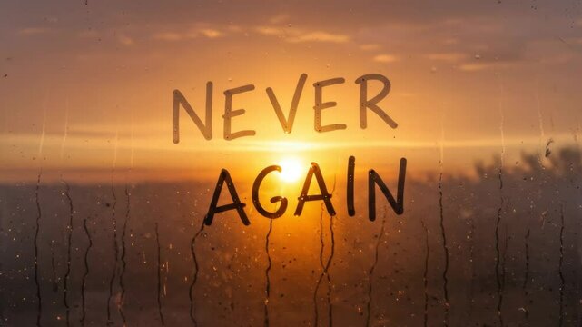 Never Again Sunrise - A close-up shot of a window with condensation, on which the words "Never Again" are written.