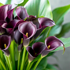 Close up of deep purple calla lilies with vibrant green leaves and stems © Iram