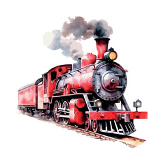 A powerful old steam locomotive travels the railway tracks, its vintage engine emitting smoke as it pulls the antique train