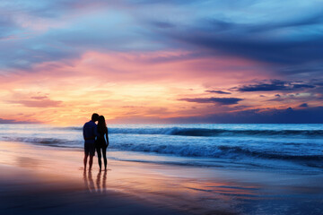 Fototapeta premium A couple standing on the beach at sunset