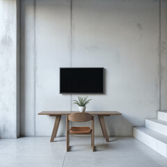 tv above table in the concreate wall