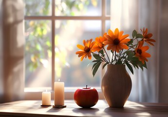 To enhance the beauty of the room, placing a beautiful vase decorated with flowers and a candle on a table in one corner of the room is an idea to create a cozy atmosphere in the room.