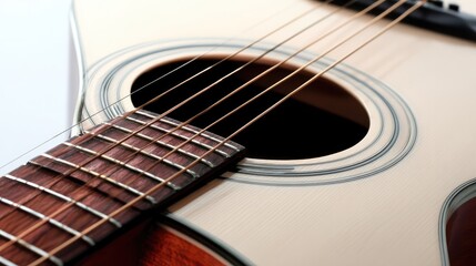 A single acoustic guitar isolated on white, showcasing detailed craftsmanship in a studio setting.